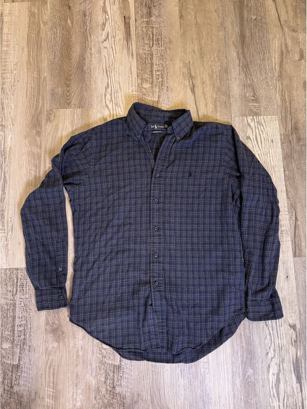 Vintage Ralph Lauren Shirt Men’s M Blue Gray Plaid 100% Cotton Button Down